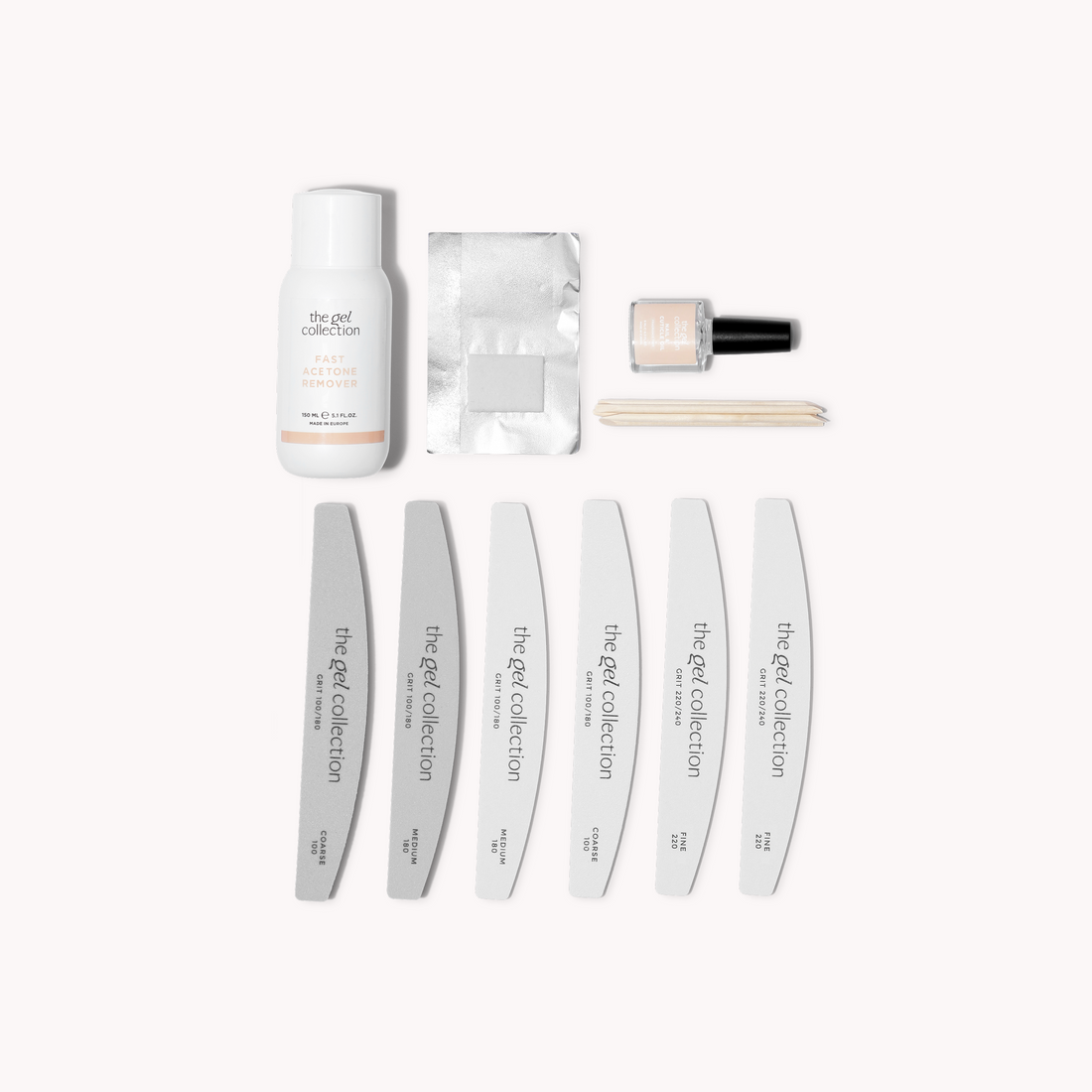 Fjerningssett til gellakk: acetone-remover, folie-wraps, trepinner og neglefiler fra The Gel Collection